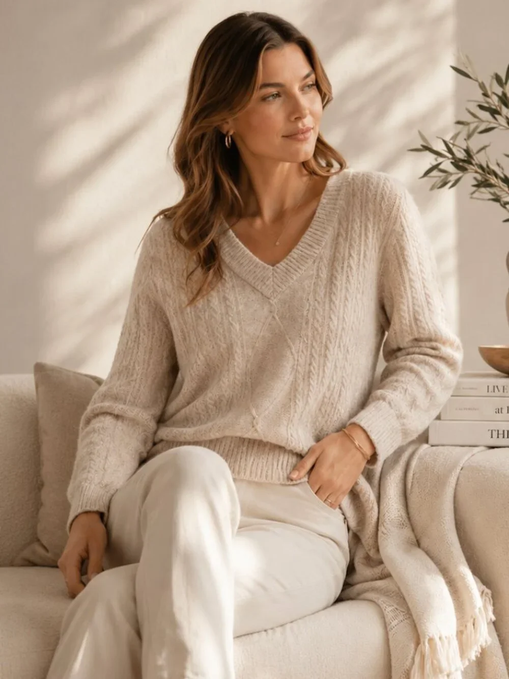 MINNIE ROSE NWT Cream Cable Knit Sweater V-Neck Luxe Soft Quiet Luxury Pullover